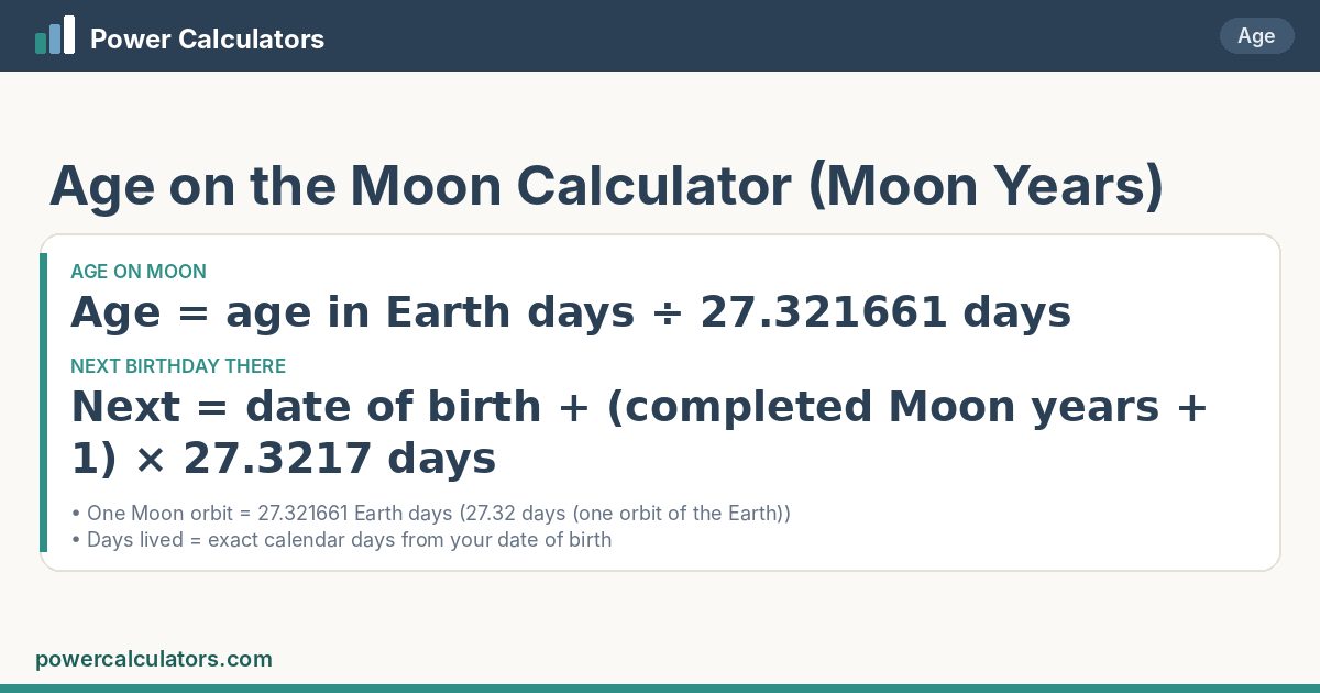 Age on Moon formula: Age = age in Earth days ÷ 27.321661 days; Next = date of birth + (completed Moon years + 1) × 27.3217 days