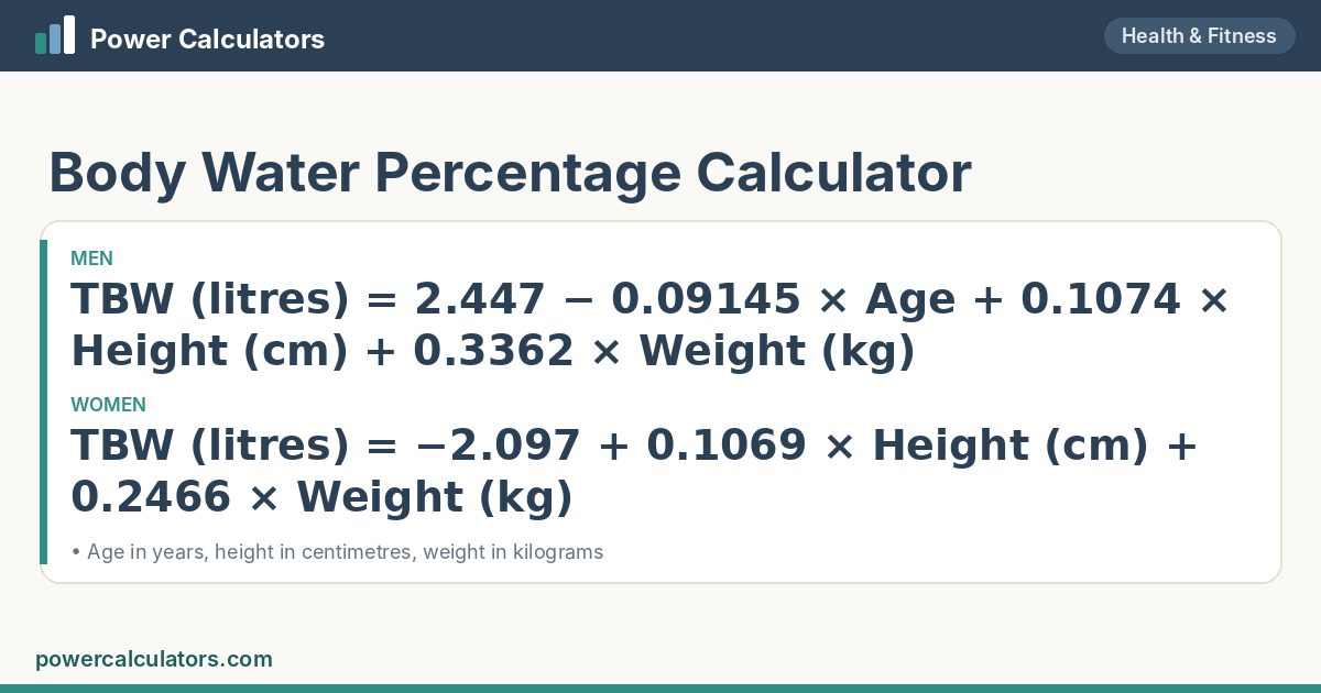 Body Water % formula: TBW (litres) = 2.447 − 0.09145 × Age + 0.1074 × Height (cm) + 0.3362 × Weight (kg); TBW (litres) = −2.097 + 0.1069 × Height (cm) + 0.2466 × Weight (kg)
