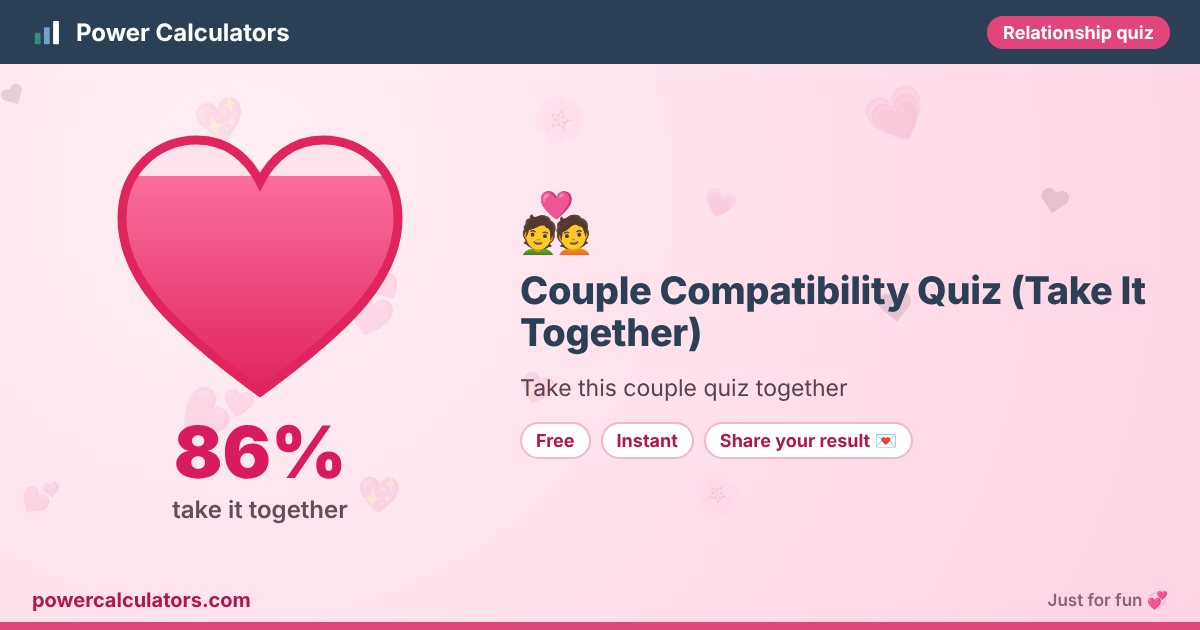 Couple Compatibility Quiz (Take It Together) illustration: example result 86% (take it together) — Take this couple quiz together