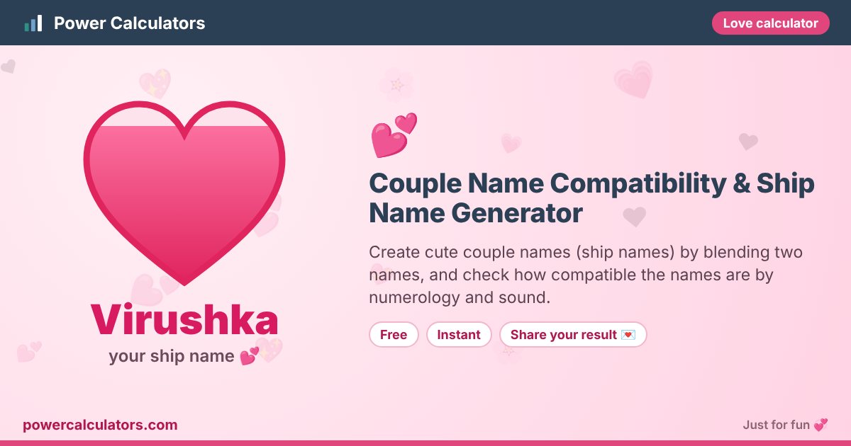 Couple Name Compatibility & Ship Name Generator illustration: example result Virushka (your ship name 💕) — Create cute couple names (ship names) by blending two names, and check how compatible the names are by numerology and sound.