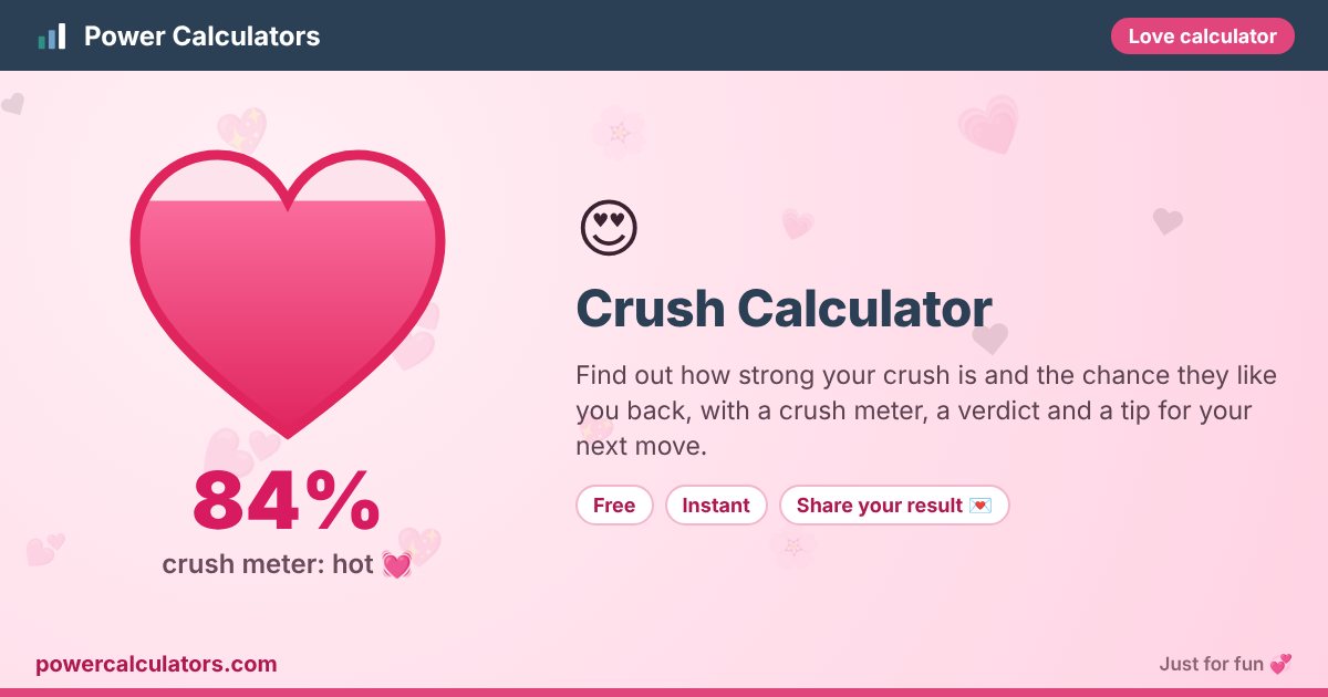 Crush Calculator โ Power Calculators Crush Calculator illustration: example result 84% (crush meter: hot ๐) โ Find out how strong your crush is and the chance they like you back, with a crush meter, a verdict and a tip for your next move.