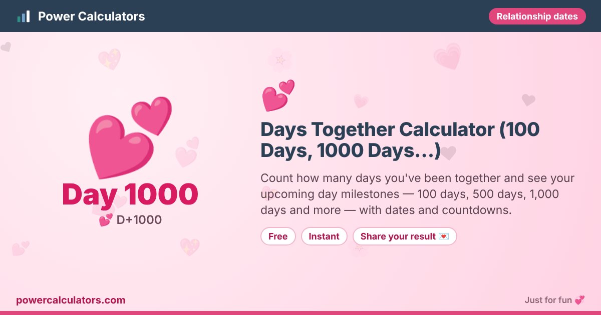 Days Together Calculator (100 Days, 1000 Daysโฆ) โ Power Calculators Days Together Calculator (100 Days, 1000 Daysโฆ) illustration: example result Day 1000 (๐ D+1000) โ Count how many days you've been together and see your upcoming day milestones โ 100 days, 500 days, 1,000 days and more โ with dates and countdowns.