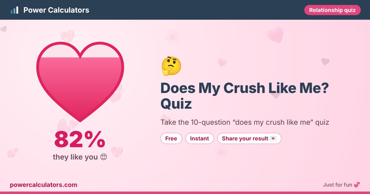 Does My Crush Like Me? Quiz โ Power Calculators Does My Crush Like Me? Quiz illustration: example result 82% (they like you ๐) โ Take the 10-question โdoes my crush like meโ quiz