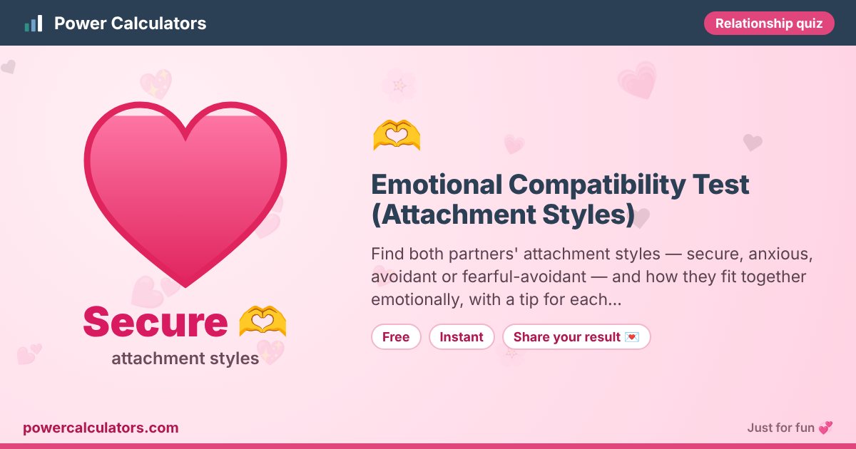 Emotional Compatibility Test (Attachment Styles) โ Power Calculators Emotional Compatibility Test (Attachment Styles) illustration: example result Secure ๐ซถ (attachment styles) โ Find both partners' attachment styles โ secure, anxious, avoidant or fearful-avoidant โ and how they fit together emotionally, with a tip for