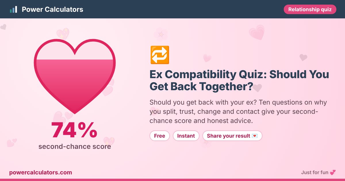 Ex Compatibility Quiz: Should You Get Back Together? — Power Calculators Ex Compatibility Quiz: Should You Get Back Together? illustration: example result 74% (second-chance score) — Should you get back with your ex? Ten questions on why you split, trust, change and contact give your second-chance score and honest advice.