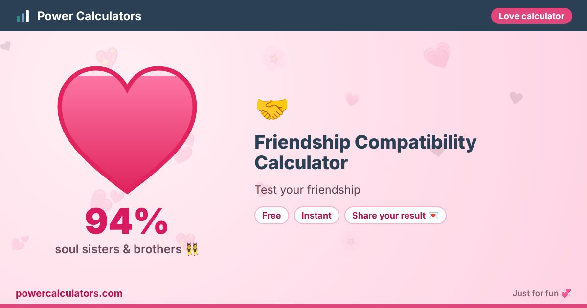 Friendship Compatibility Calculator illustration: example result 94% (soul sisters & brothers 👯) — Test your friendship