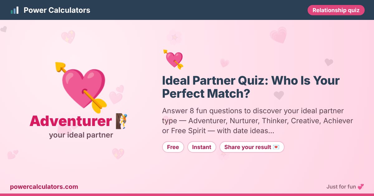 Ideal Partner Quiz: Who Is Your Perfect Match? โ Power Calculators Ideal Partner Quiz: Who Is Your Perfect Match? illustration: example result Adventurer ๐ง (your ideal partner) โ Answer 8 fun questions to discover your ideal partner type โ Adventurer, Nurturer, Thinker, Creative, Achiever or Free Spirit โ with date