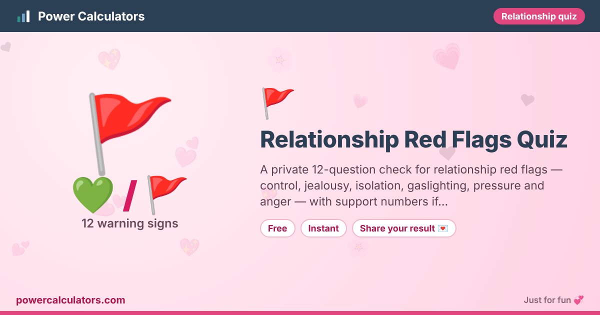 Relationship Red Flags Quiz illustration: example result 💚 / 🚩 (12 warning signs) — A private 12-question check for relationship red flags — control, jealousy, isolation, gaslighting, pressure and anger — with support numbers if…