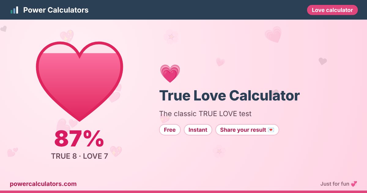 True Love Calculator illustration: example result 87% (TRUE 8 · LOVE 7) — The classic TRUE LOVE test