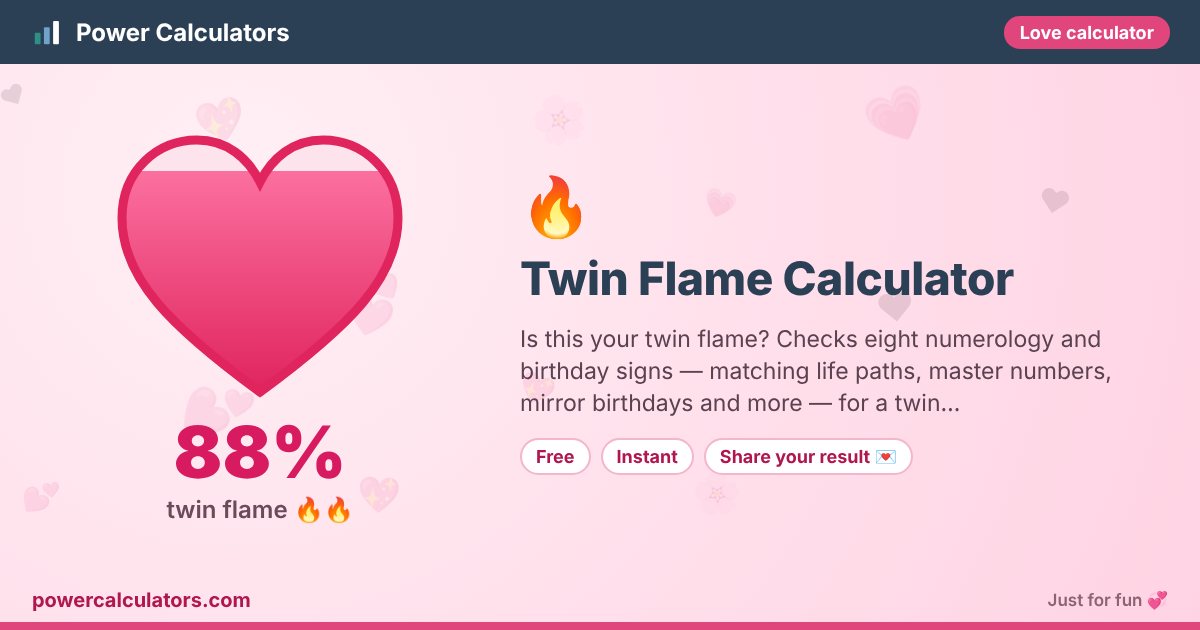 Twin Flame Calculator — Power Calculators Twin Flame Calculator illustration: example result 88% (twin flame 🔥🔥) — Is this your twin flame? Checks eight numerology and birthday signs — matching life paths, master numbers, mirror birthdays and more — for a twin…